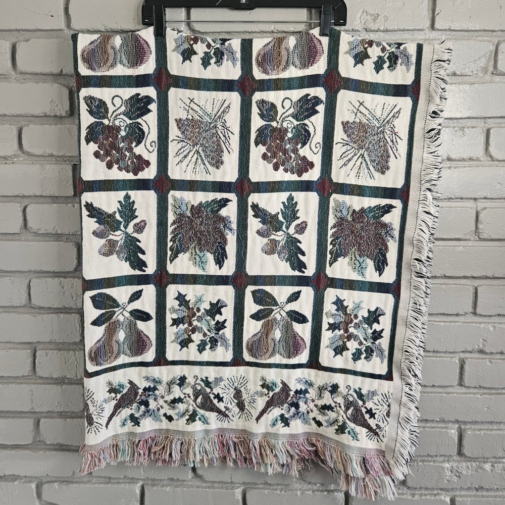 Vtg Goodwin Weavers Cotton Tapestry Throw Blanket Birds Fruit Botanical USA